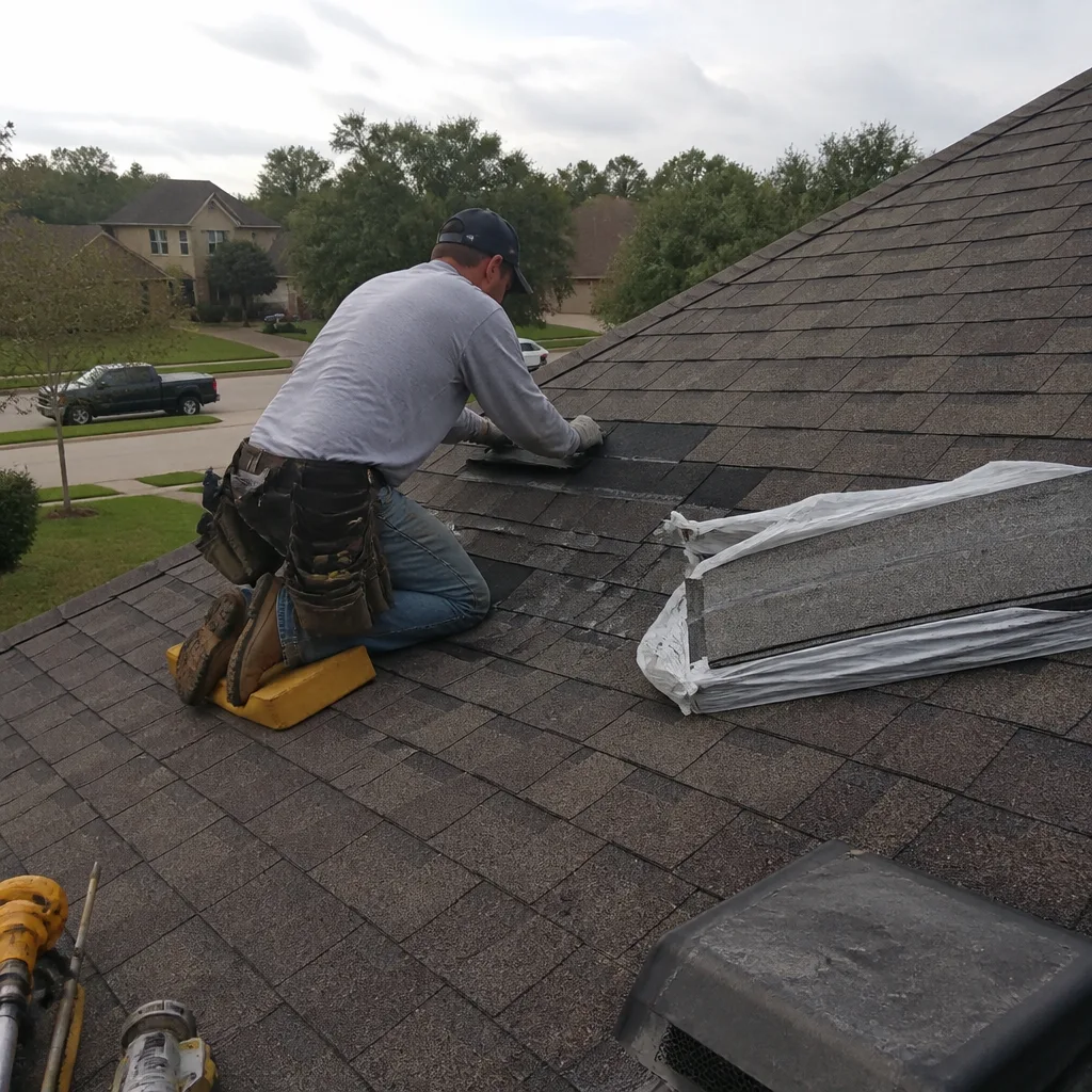 Roofing professional performing residential shingle roof repair