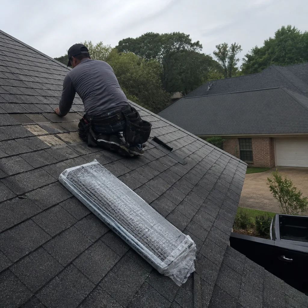 Professional contractor performing a residential roof shingle repair