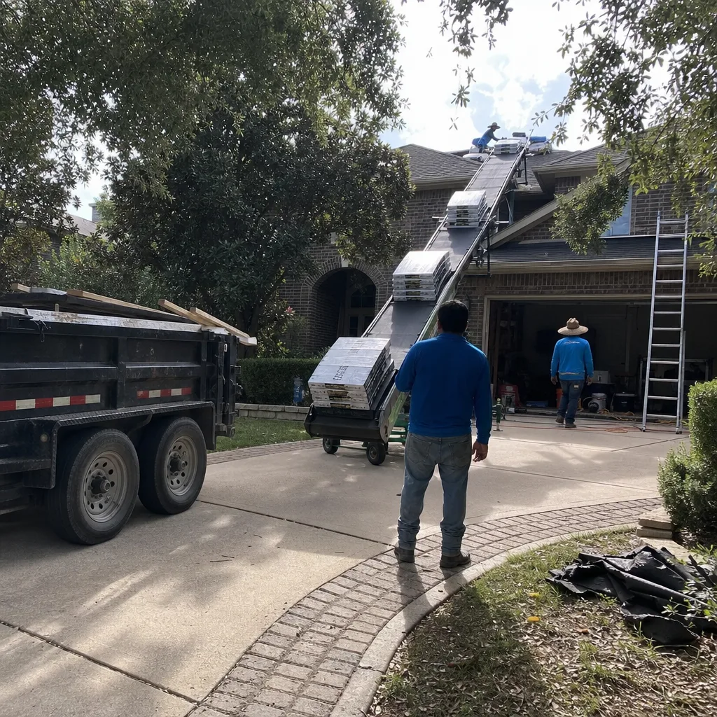 Roofing crew using a conveyor belt to lift materials onto a roof