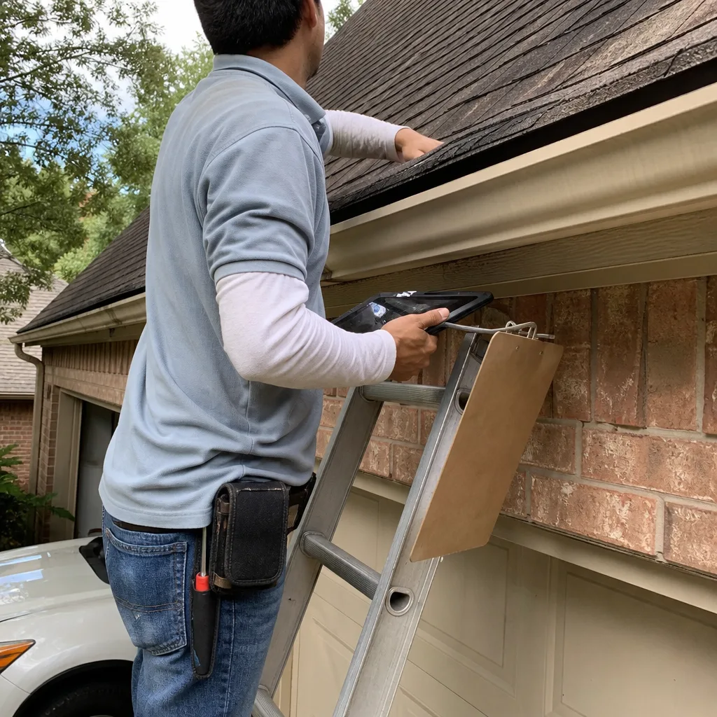 Roofing specialist inspecting home shingles on a ladder with a tablet